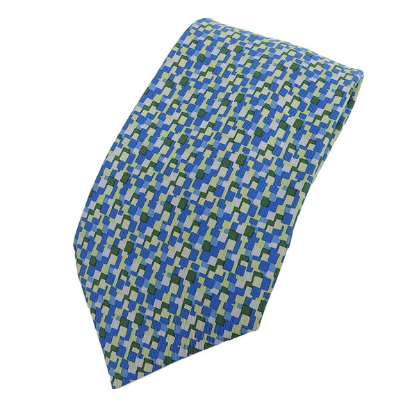 HERMES 5089 PA 100% Silk All-Over Logo Print Tie Blue and Green Multicolor...